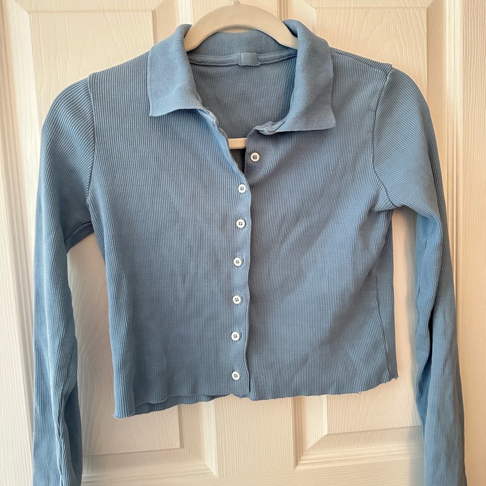 John Galt Cropped Blue Button Up Sweater